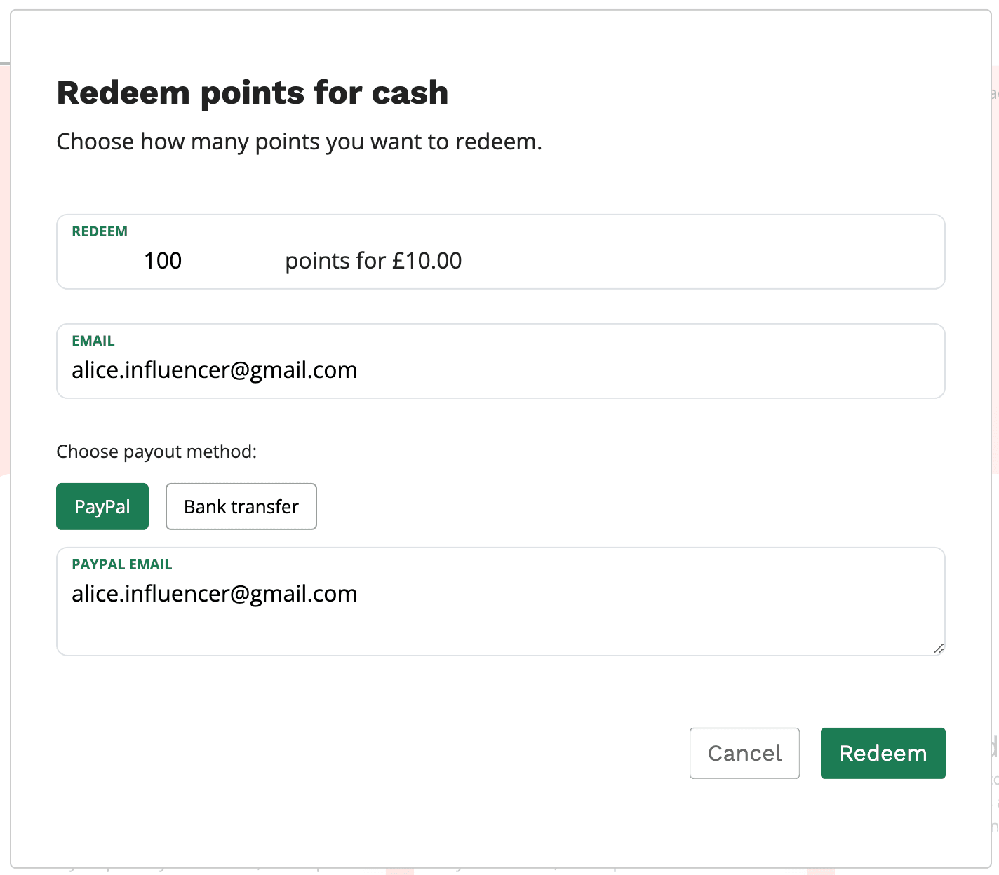 Influencers can redeem points for cash.