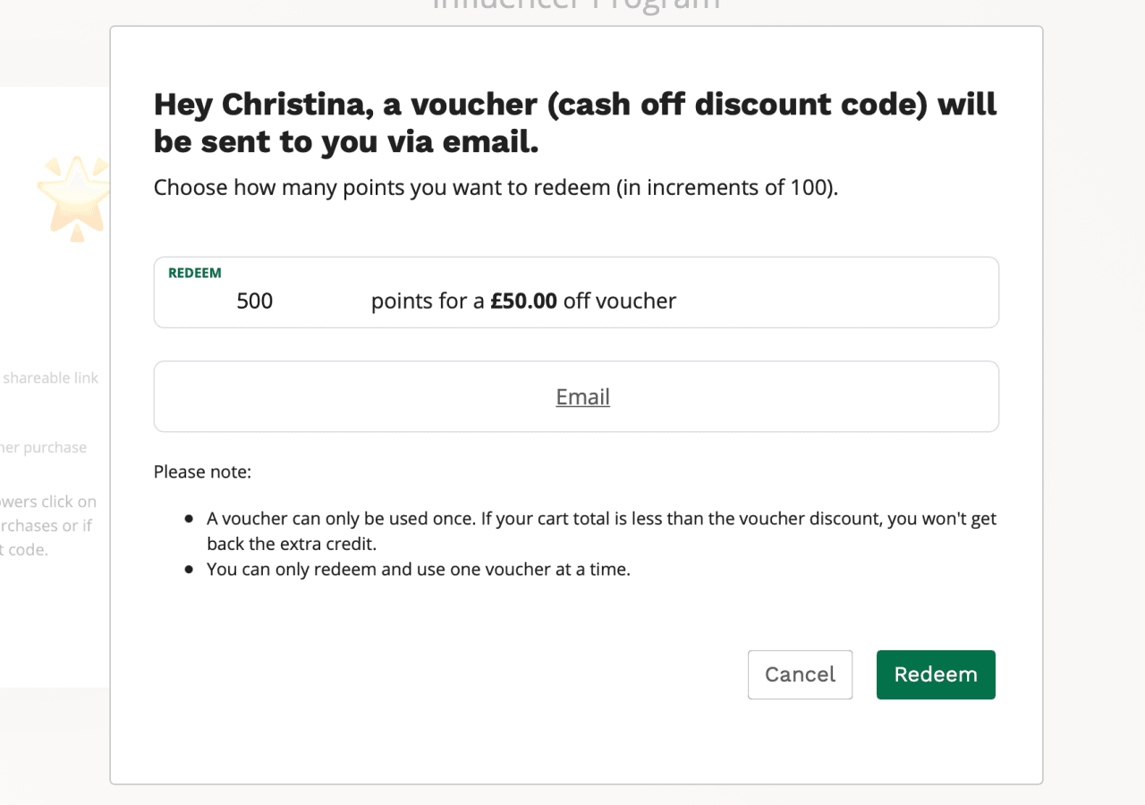 Influencers can choose how many points they want to redeem for a voucher.